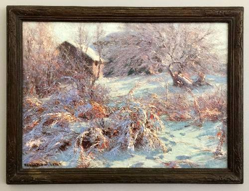 Oil painting on canvas of snow-covered bushes and trees that partially cover the view of a small cabin.
