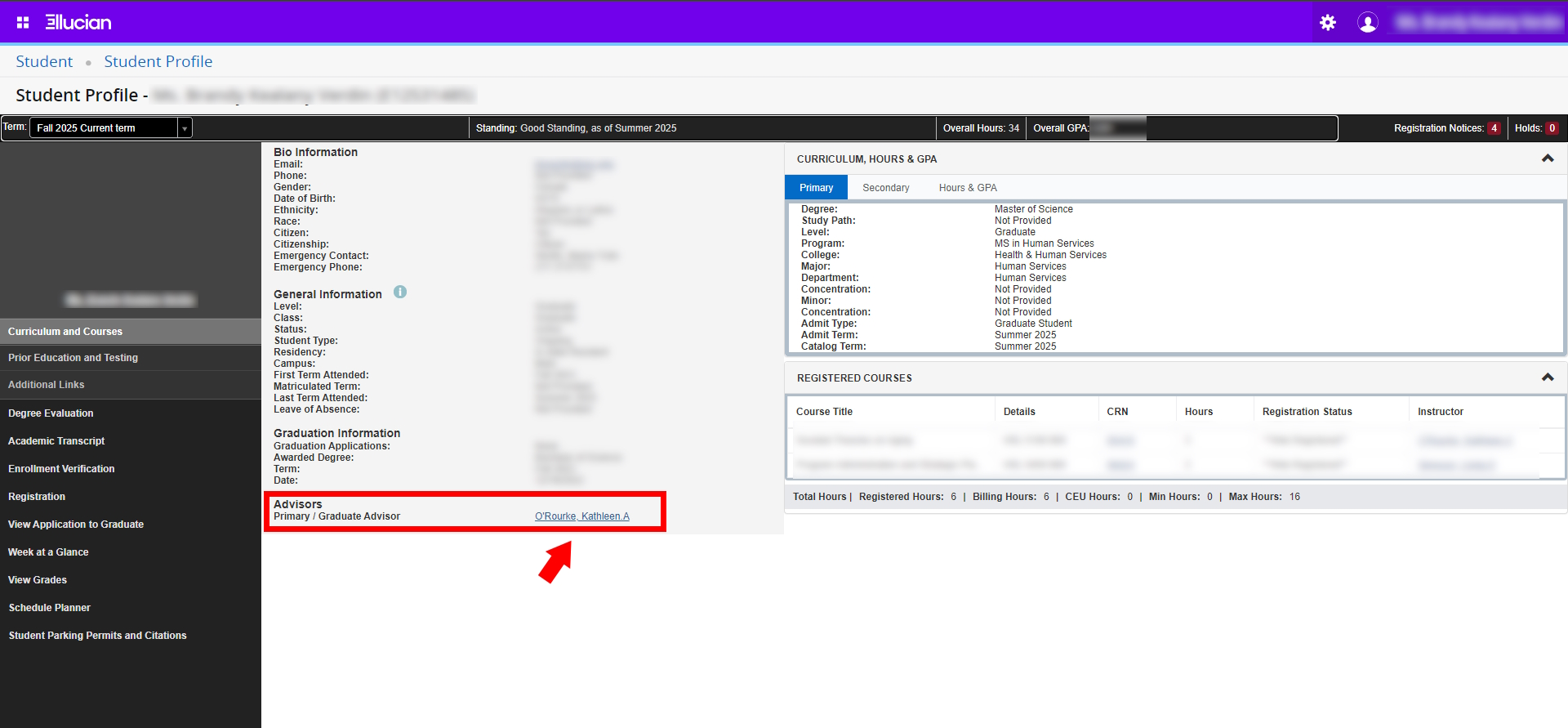 image of the Student Profile with a box around the academic advisor assignment