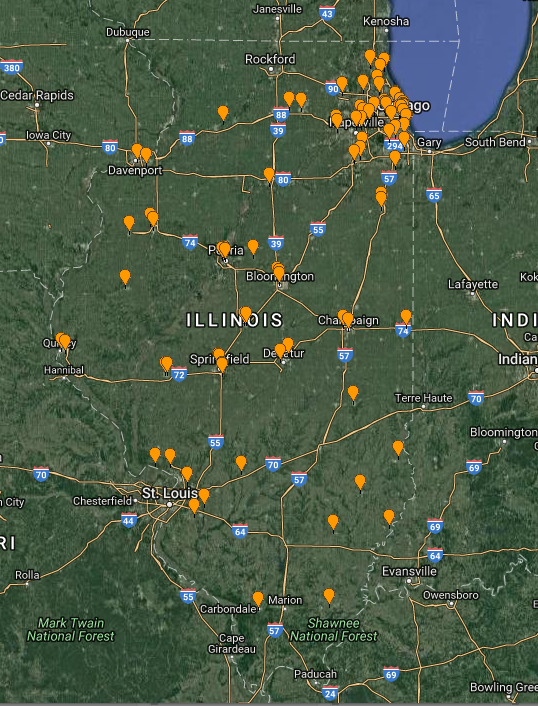 Map of Illinois with dots on all I-Share libraries