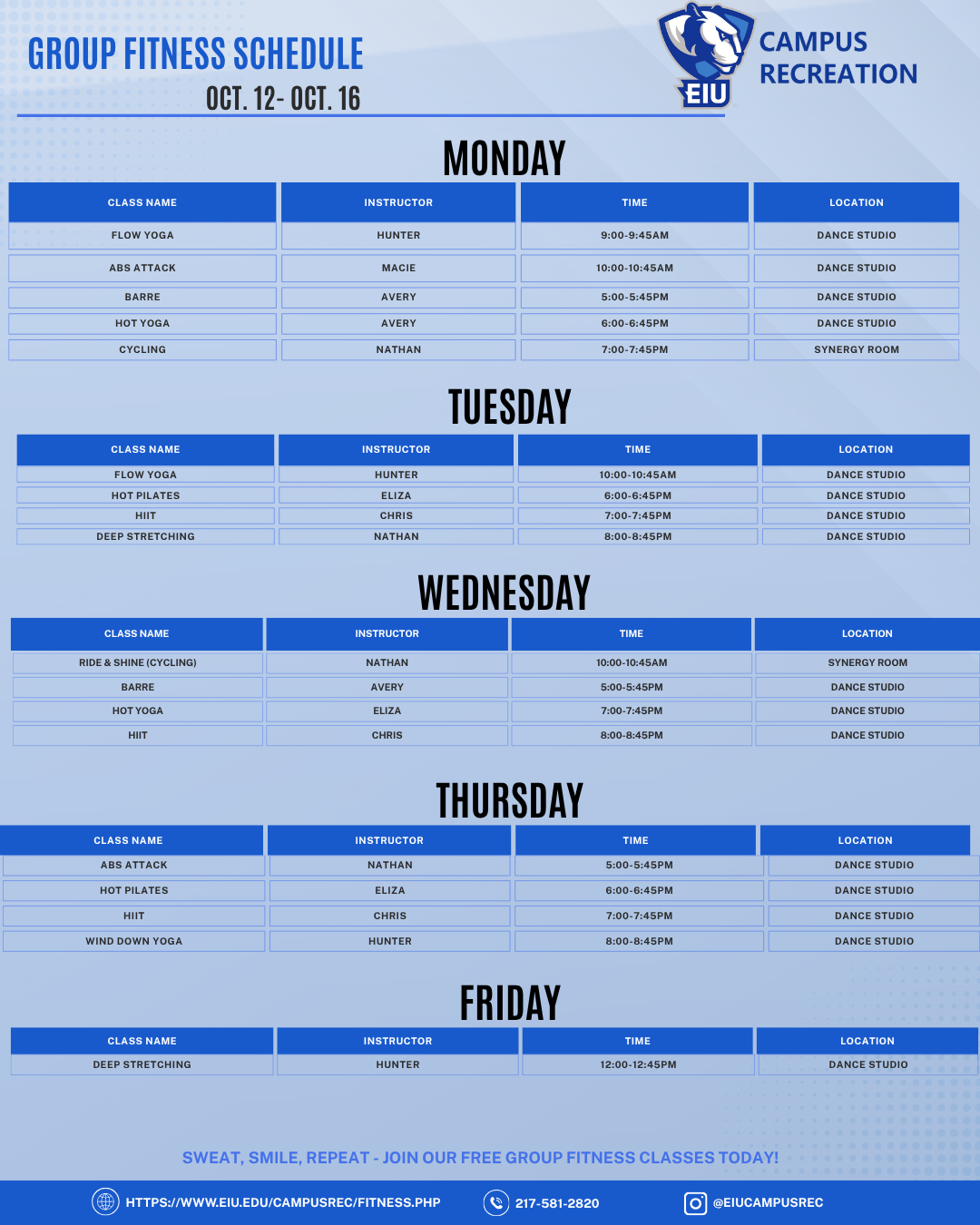 Group Fitness Schedule October 12 - 16