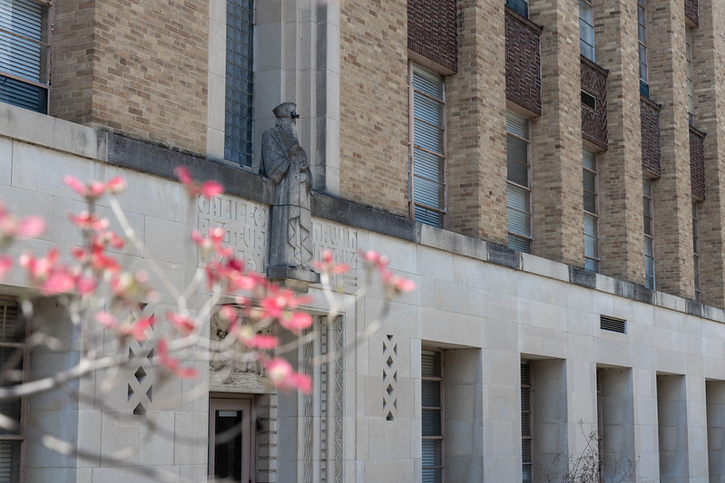 building with blooming flowers in foreground