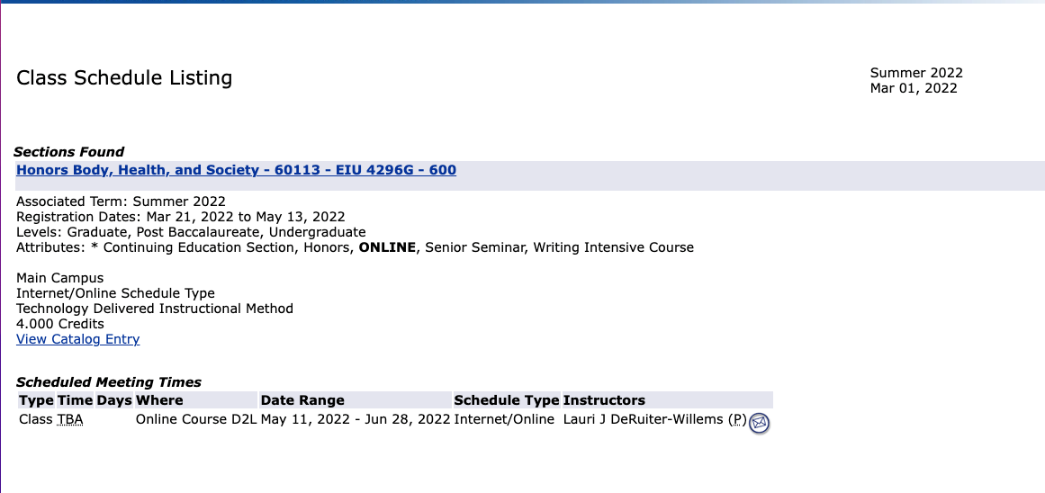 Eiu Spring 2023 Calendar Eastern Illinois University :: Sandra And Jack Pine Honors College - Honors  Courses