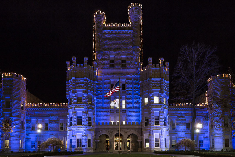 old main, castle at night with blue lights