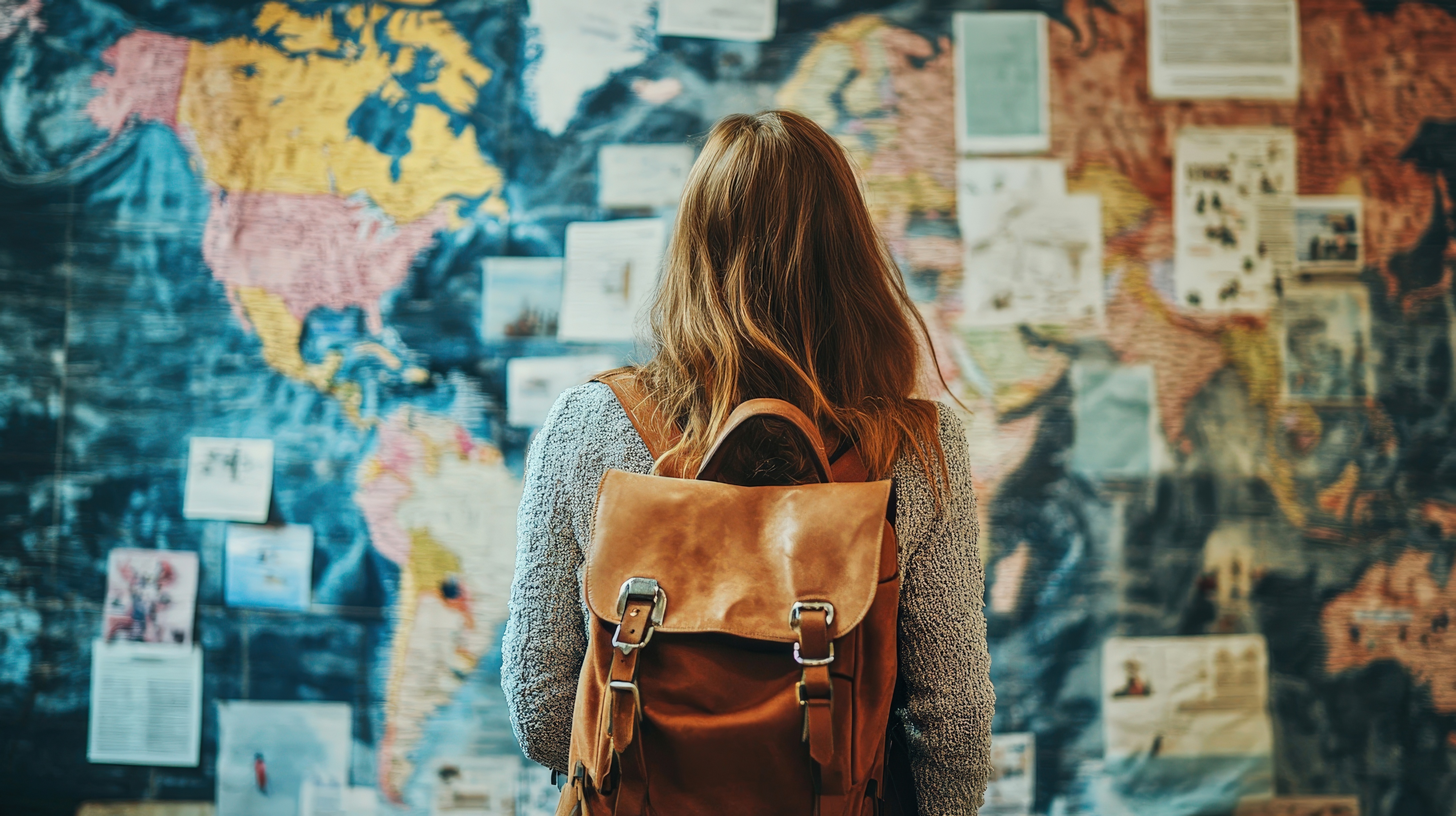 young woman looking at world map