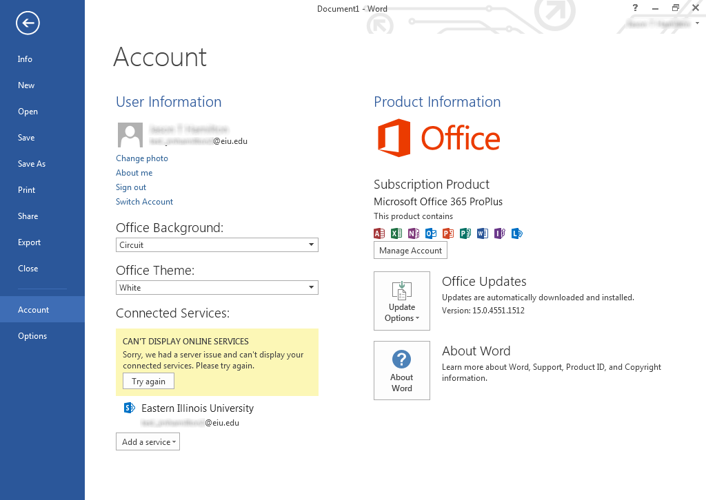 Office Account information screenshot