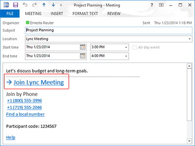 Lync meeting request with "Join Lync Meeting" highlighted
