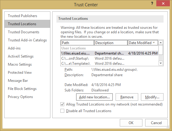 Trust Center, Trusted Locations related settings