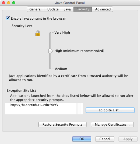 Java Control Panel, Security tab