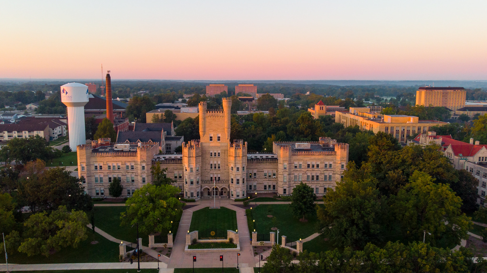 campus drone shot at sunrise