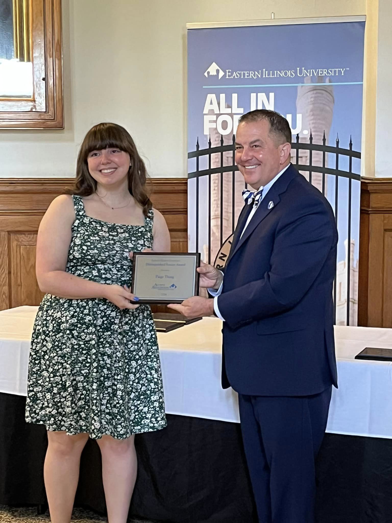 Seniors August Biernbaum, Brianna Hull-Dennis, Karolina Guzek, and Paige Thing were honored as Distinguished Seniors by the EIU Alumni Association.