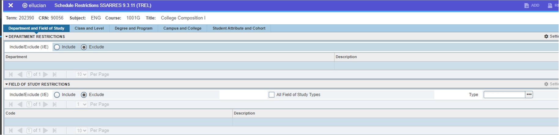 Department & Field of Study Tab