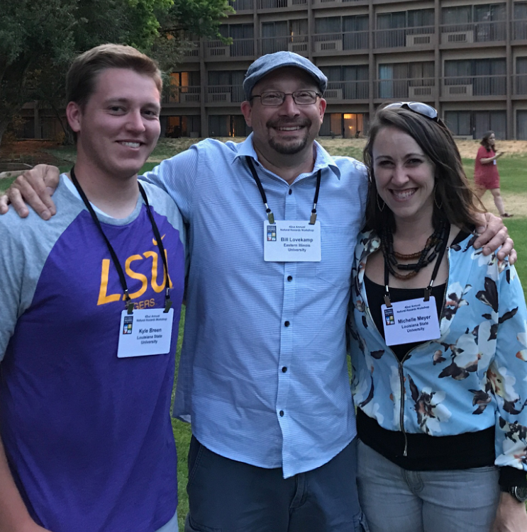 Kyle Breen (left) with EIU professor Dr. Bill Lovekamp (center) and current LSU professor and advisor Dr. Michelle Meyer (right) at the Natural Hazards Workshop in Boulder, Colorado, July 2017