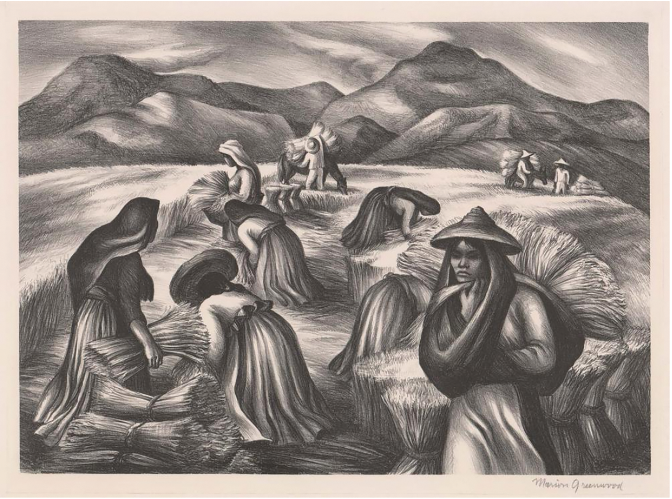 Lithograph from the Working Artists exhibition shows nine people harvesting wheat by hand throughout a field.