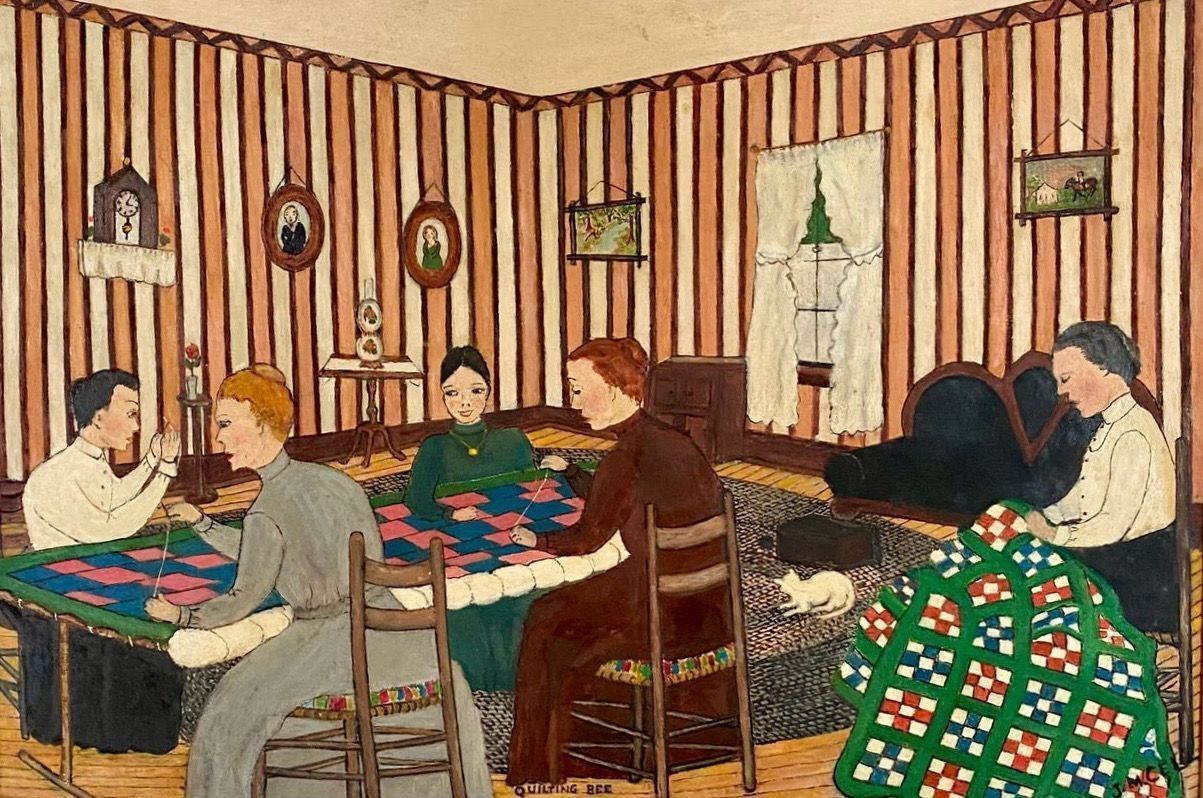 A painting of women in older dresses making a quilt