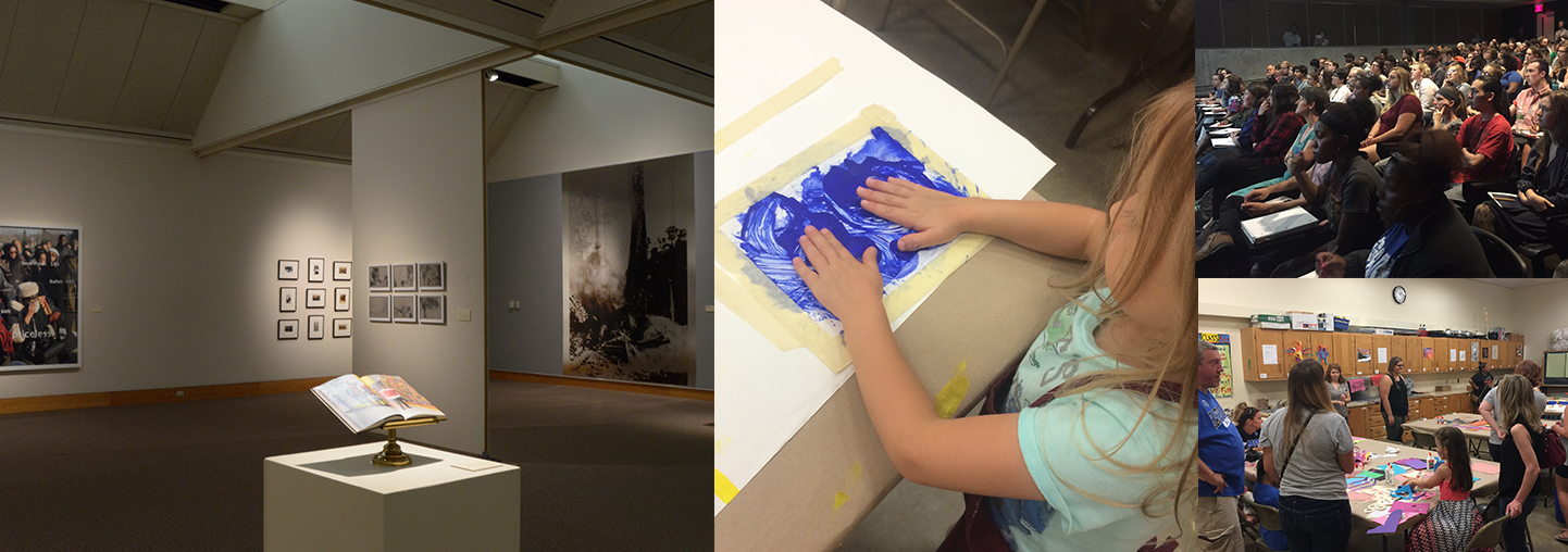 Photo collage featuring an exhibition at the Tarble, a young girl finger-painting, an audience, and an art classroom.